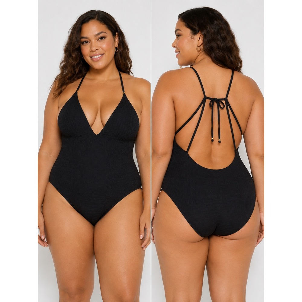 Lucky Brand Plunge Front One Piece Swimsuit Black Textured Size L $114 NWT